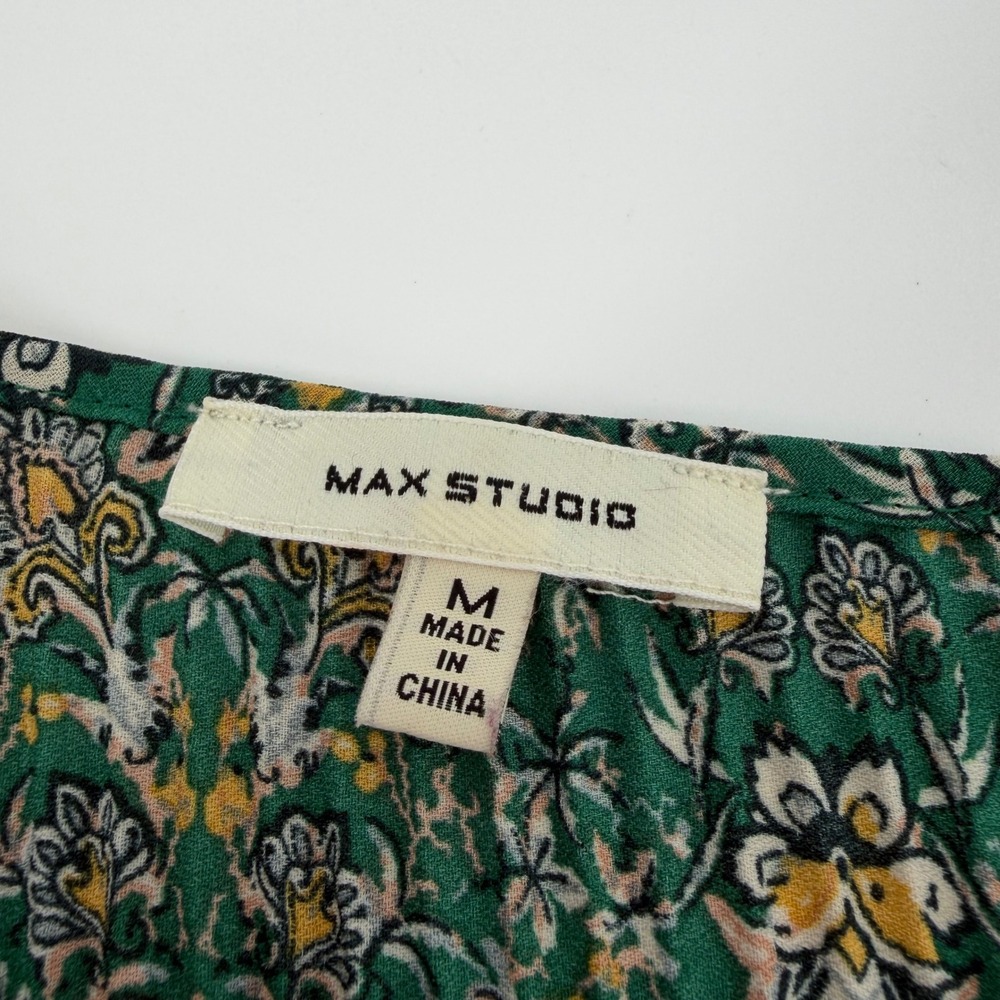 Max Studio Pleated Floral Paisley Blouse Green Women Size M Bell Sleeve‎ Boho - Picture 4 of 7